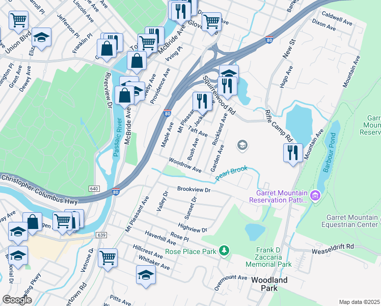 map of restaurants, bars, coffee shops, grocery stores, and more near 52 Bush Avenue in Woodland Park