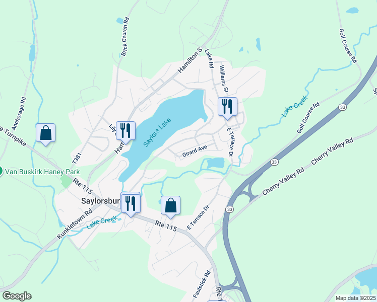 map of restaurants, bars, coffee shops, grocery stores, and more near 123 Girard Avenue in Saylorsburg
