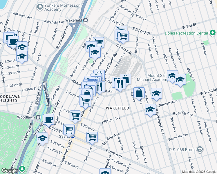 map of restaurants, bars, coffee shops, grocery stores, and more near 4438 Furman Avenue in The Bronx