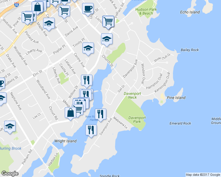 map of restaurants, bars, coffee shops, grocery stores, and more near 22 Clover Place in New Rochelle
