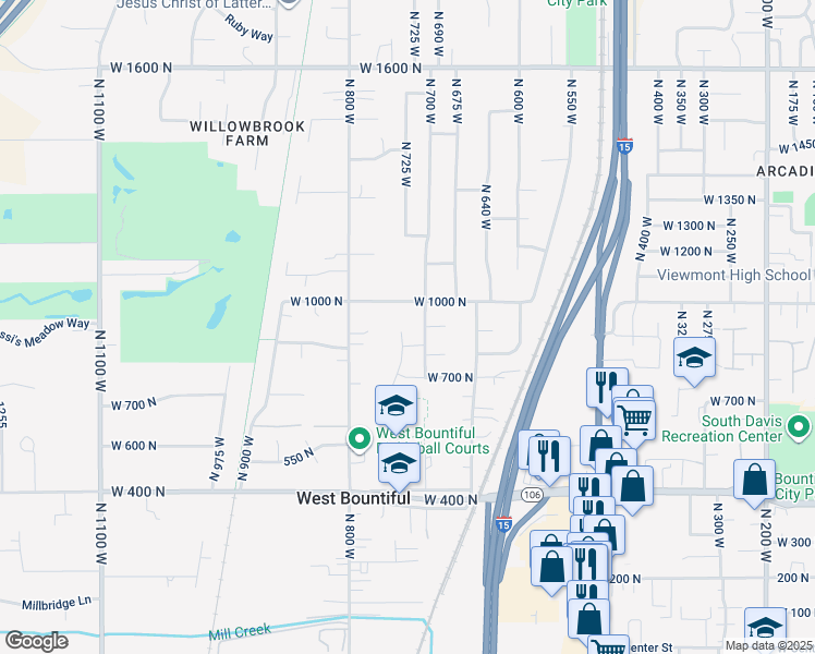 map of restaurants, bars, coffee shops, grocery stores, and more near 741 West 845 North in West Bountiful