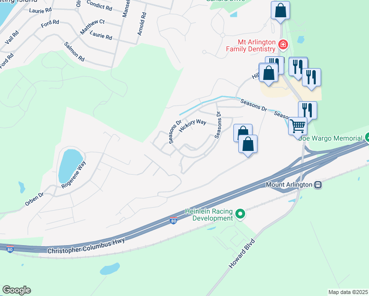 map of restaurants, bars, coffee shops, grocery stores, and more near 57 Maple Lane in Mount Arlington