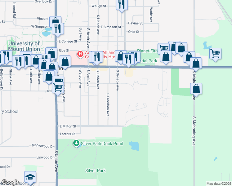 map of restaurants, bars, coffee shops, grocery stores, and more near 2311 South Seneca Avenue in Alliance