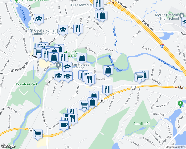 map of restaurants, bars, coffee shops, grocery stores, and more near 45 Beach Street in Rockaway