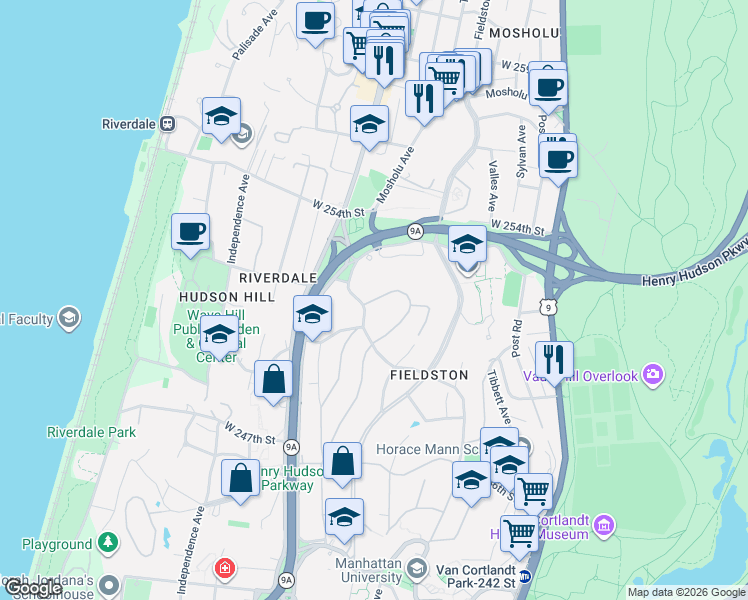 map of restaurants, bars, coffee shops, grocery stores, and more near 5050 Iselin Avenue in Bronx