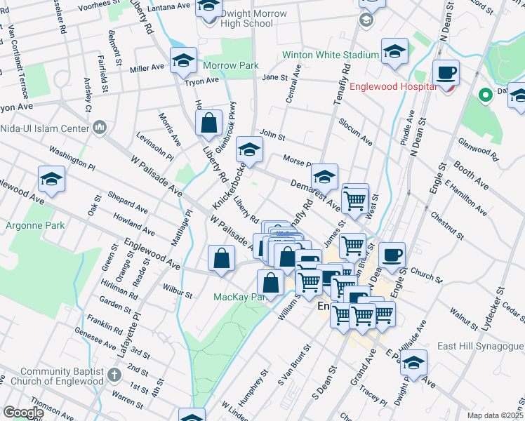 map of restaurants, bars, coffee shops, grocery stores, and more near 45 Central Avenue in Englewood