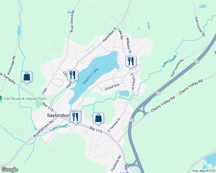 map of restaurants, bars, coffee shops, grocery stores, and more near 123 Girard Avenue in Saylorsburg