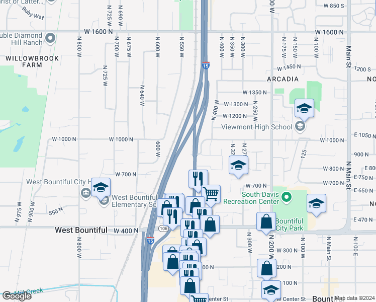 map of restaurants, bars, coffee shops, grocery stores, and more near 999 North 500 West in Bountiful