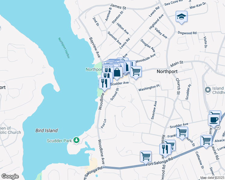 map of restaurants, bars, coffee shops, grocery stores, and more near 53 School Street in Northport