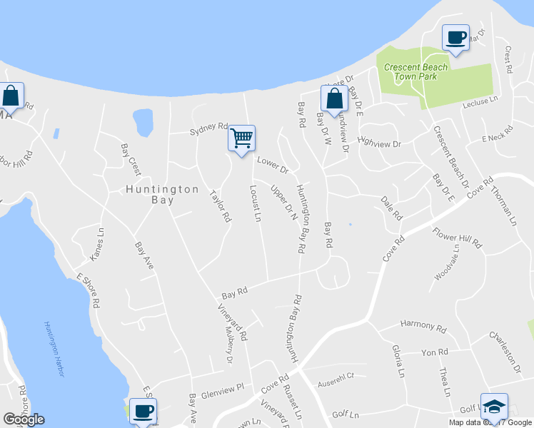 map of restaurants, bars, coffee shops, grocery stores, and more near 14 Locust Lane in Huntington
