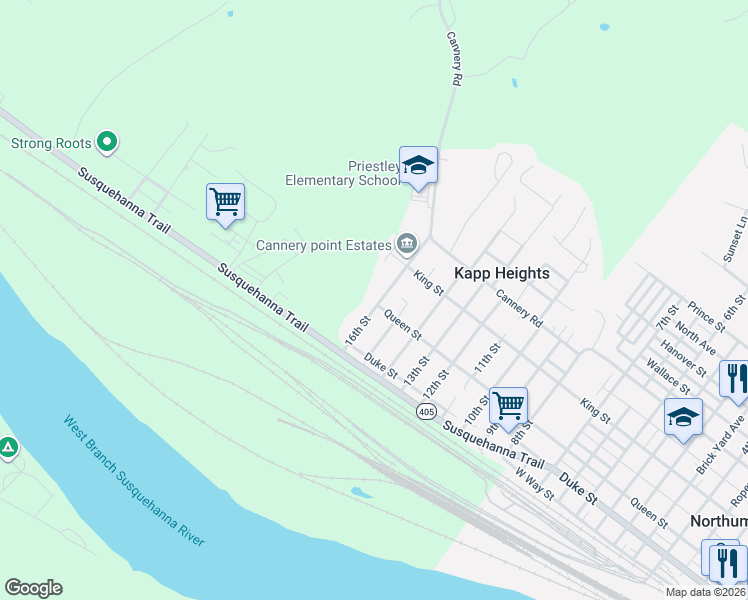 map of restaurants, bars, coffee shops, grocery stores, and more near 16th Street in Northumberland
