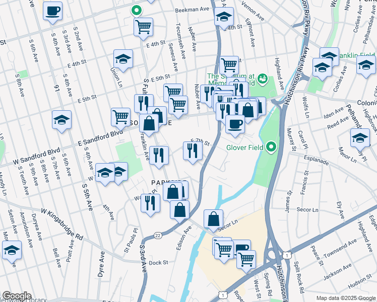 map of restaurants, bars, coffee shops, grocery stores, and more near 240 East 7th Street in Mount Vernon