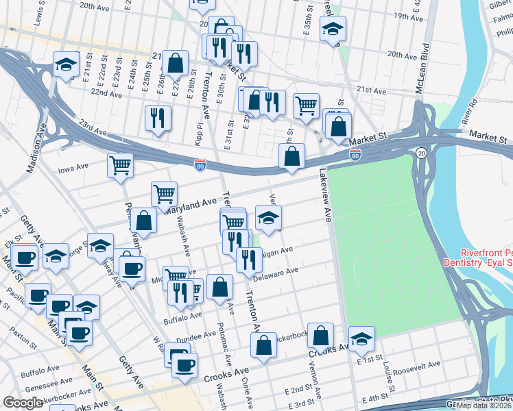 map of restaurants, bars, coffee shops, grocery stores, and more near 223-225 Florida Avenue in Paterson