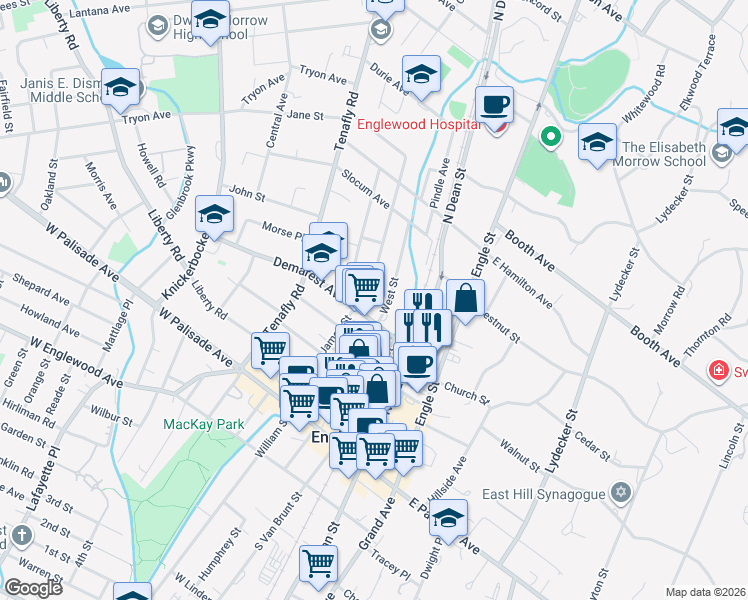 map of restaurants, bars, coffee shops, grocery stores, and more near 123 Waldo Place in Englewood