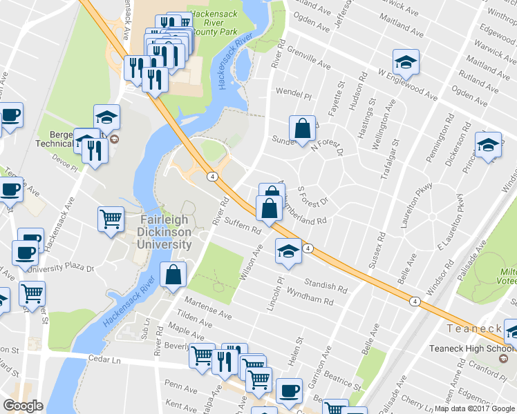 map of restaurants, bars, coffee shops, grocery stores, and more near 1100 Falmouth Avenue in Teaneck