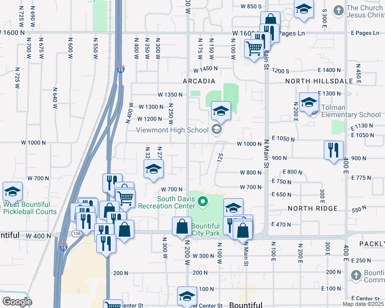 map of restaurants, bars, coffee shops, grocery stores, and more near 940 North 200 West in Bountiful