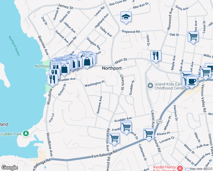map of restaurants, bars, coffee shops, grocery stores, and more near 30 Grove Street in Northport
