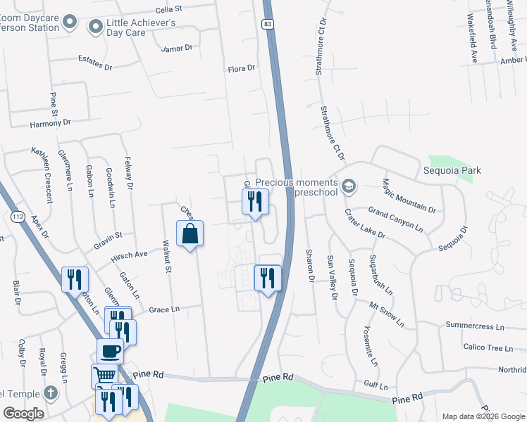 map of restaurants, bars, coffee shops, grocery stores, and more near 120 Point Circle in Coram