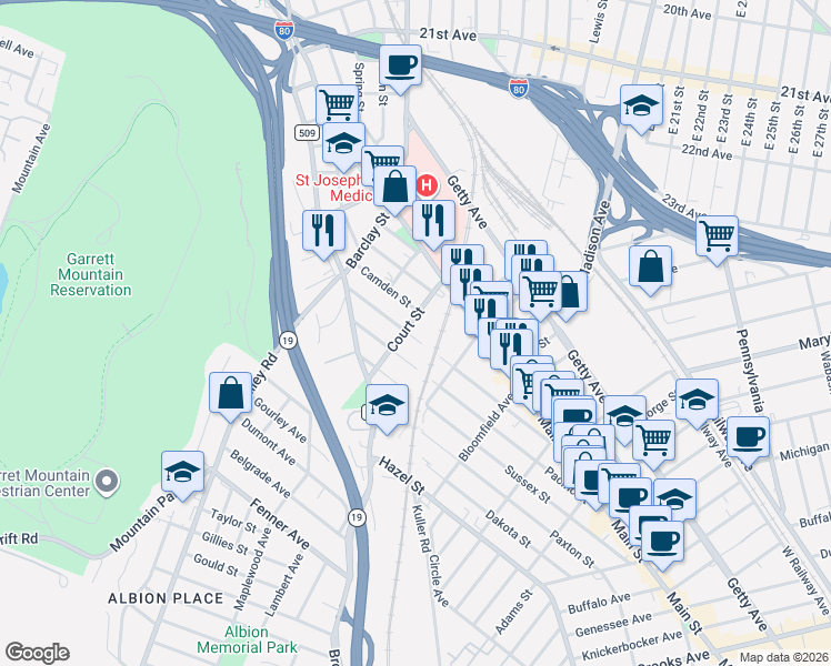map of restaurants, bars, coffee shops, grocery stores, and more near 201 Atlantic Street in Paterson