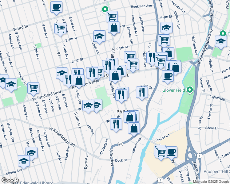 map of restaurants, bars, coffee shops, grocery stores, and more near 545 Franklin Avenue in Mount Vernon