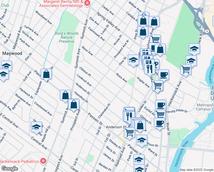 map of restaurants, bars, coffee shops, grocery stores, and more near 228 Clinton Place in Hackensack