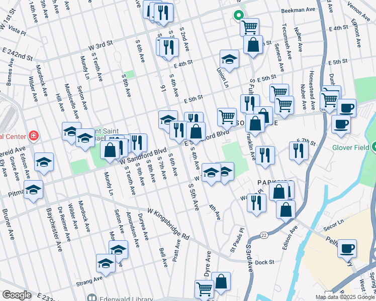 map of restaurants, bars, coffee shops, grocery stores, and more near 507 South 5th Avenue in Mount Vernon