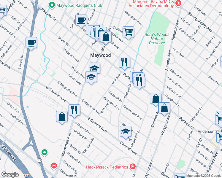 map of restaurants, bars, coffee shops, grocery stores, and more near 126 Ackerman Street in Maywood