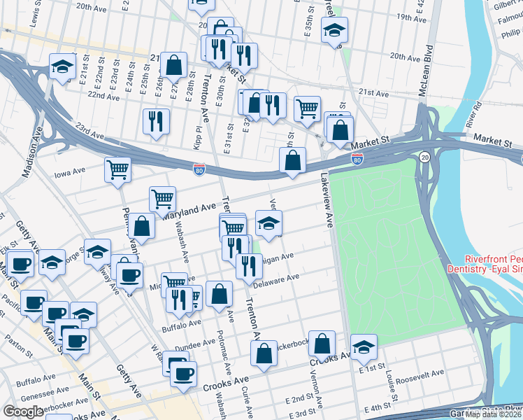 map of restaurants, bars, coffee shops, grocery stores, and more near 223-225 Florida Avenue in Paterson