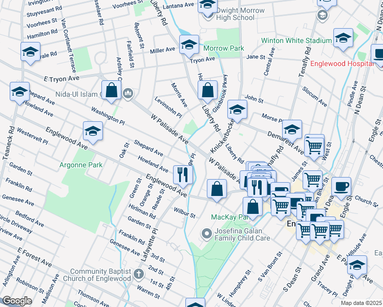 map of restaurants, bars, coffee shops, grocery stores, and more near 2 Mattlage Place in Englewood