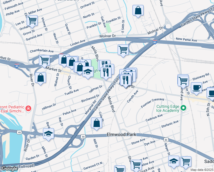 map of restaurants, bars, coffee shops, grocery stores, and more near 545 Mola Boulevard in Elmwood Park
