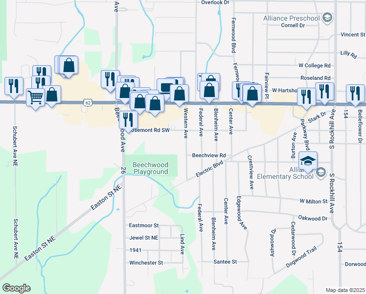 map of restaurants, bars, coffee shops, grocery stores, and more near 2171 Western Avenue in Alliance