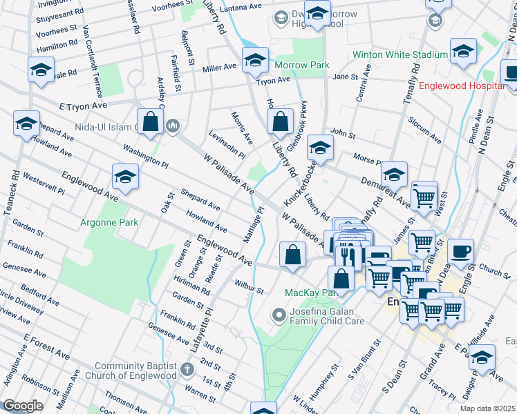 map of restaurants, bars, coffee shops, grocery stores, and more near 2 Mattlage Place in Englewood