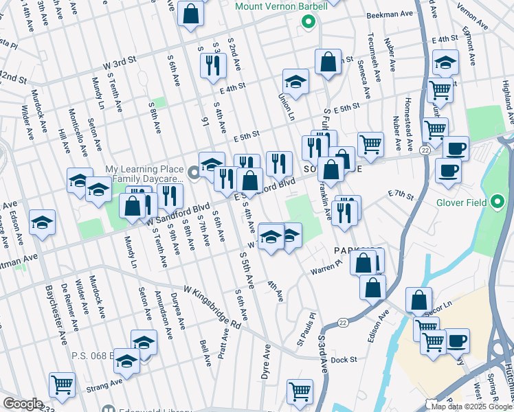 map of restaurants, bars, coffee shops, grocery stores, and more near 516 South Third Avenue in Mount Vernon