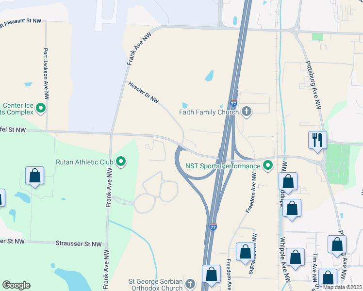 map of restaurants, bars, coffee shops, grocery stores, and more near Hossler Drive Northwest in North Canton