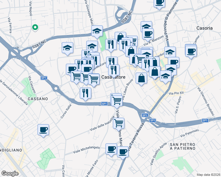 map of restaurants, bars, coffee shops, grocery stores, and more near 13 Via Antonio de Curtis in Casavatore