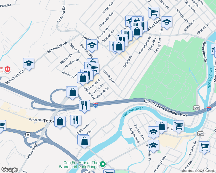 map of restaurants, bars, coffee shops, grocery stores, and more near 69 Bogert Street in Totowa