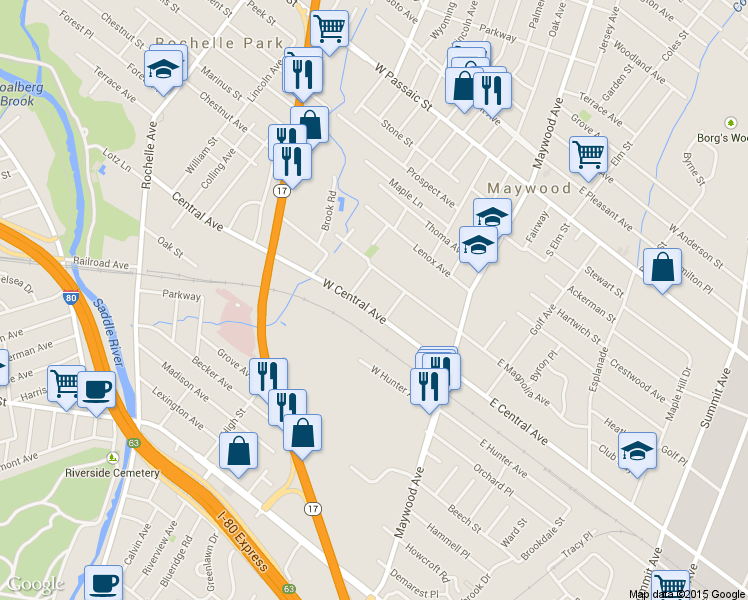 map of restaurants, bars, coffee shops, grocery stores, and more near 121 West Central Avenue in Maywood