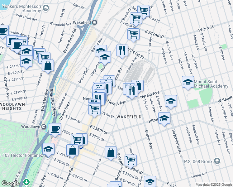 map of restaurants, bars, coffee shops, grocery stores, and more near 4438 Furman Avenue in Bronx