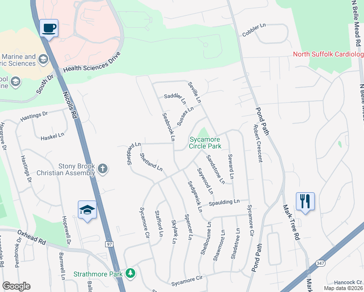 map of restaurants, bars, coffee shops, grocery stores, and more near 3 Sanford Lane in Stony Brook