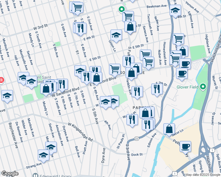map of restaurants, bars, coffee shops, grocery stores, and more near 525 South 2nd Avenue in Mount Vernon