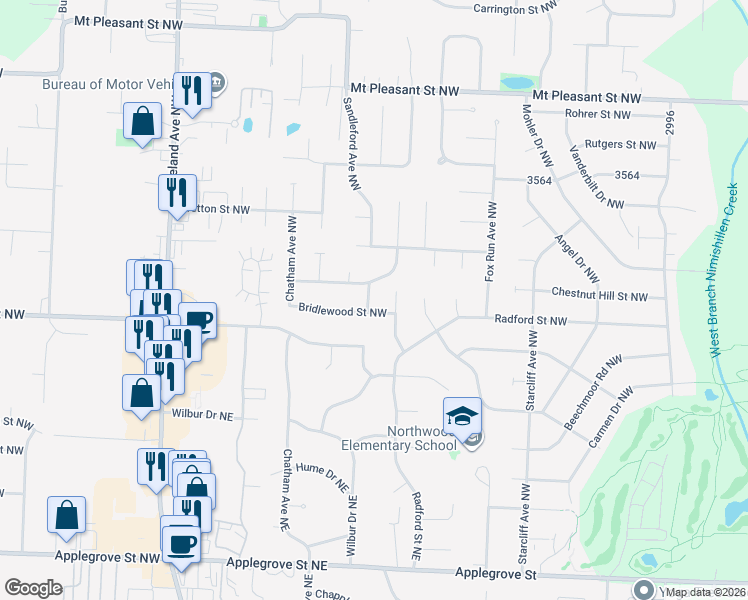 map of restaurants, bars, coffee shops, grocery stores, and more near 7700 Newgate Avenue Northwest in North Canton