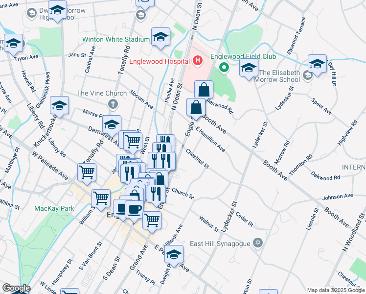 map of restaurants, bars, coffee shops, grocery stores, and more near 183 Engle Street in Englewood
