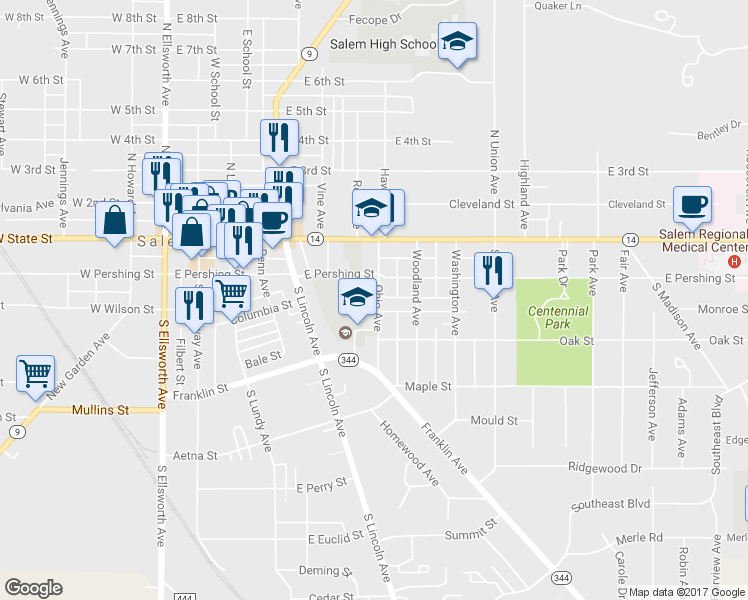 map of restaurants, bars, coffee shops, grocery stores, and more near 315 Ohio Avenue in Salem
