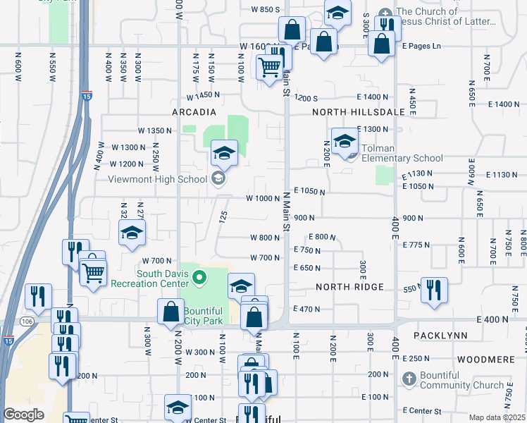 map of restaurants, bars, coffee shops, grocery stores, and more near 32 West 900 North in Bountiful