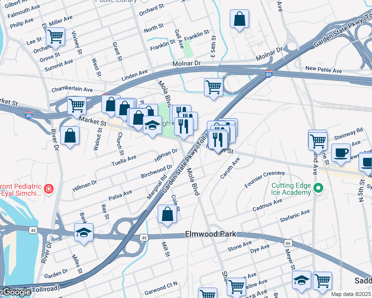 map of restaurants, bars, coffee shops, grocery stores, and more near 545 Mola Boulevard in Elmwood Park