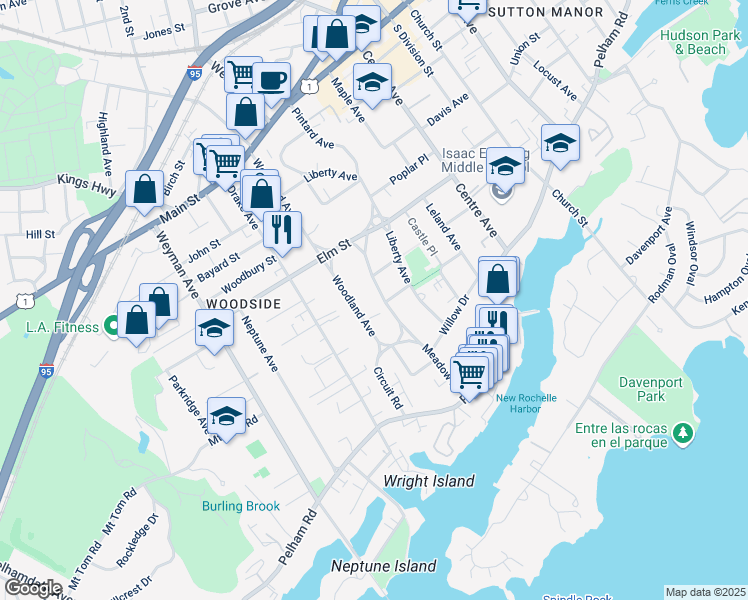 map of restaurants, bars, coffee shops, grocery stores, and more near 59 Meadow Lane in New Rochelle