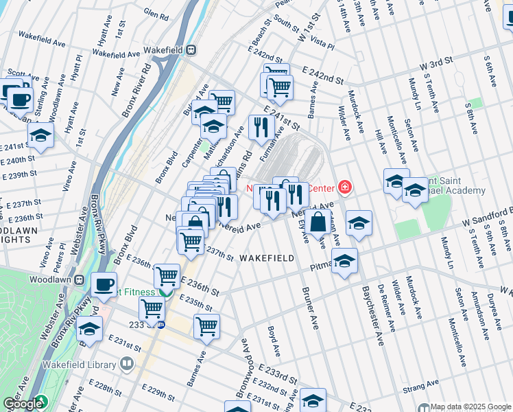 map of restaurants, bars, coffee shops, grocery stores, and more near in The Bronx