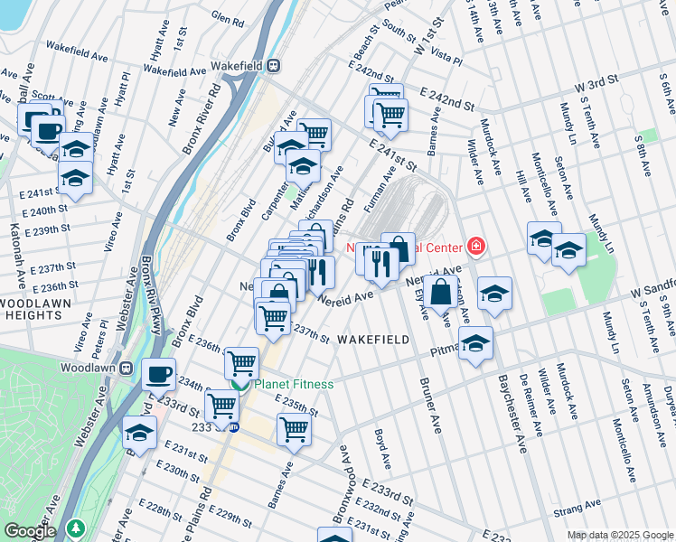 map of restaurants, bars, coffee shops, grocery stores, and more near 4438 Furman Avenue in Bronx