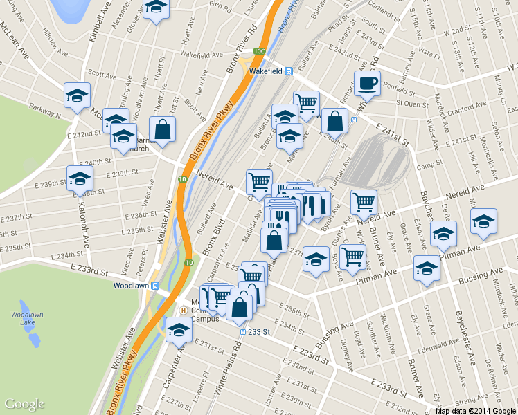 map of restaurants, bars, coffee shops, grocery stores, and more near 4384 Carpenter Avenue in The Bronx