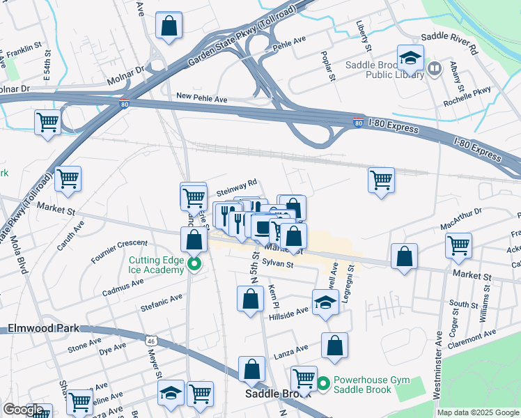 map of restaurants, bars, coffee shops, grocery stores, and more near 467 Dewey Avenue in Saddle Brook